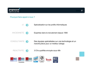 Pourquoi faire appel à nous ?



              IT            Spécialisation sur les profils informatiques



  ANCIENNETE                Expertise dans le recrutement depuis 1990



CONSULTANTS                 Des équipes spécialisées sur une technologie et un
                            marché précis pour un meilleur ciblage


   REACTIVITE               3 CVs qualifiés envoyés sous 48h
 