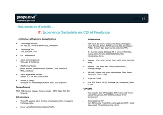 Nos secteurs d’activité…
                            IT: Experience Sectorielle en CDI et Freelance
  Architecture et Ingénierie des applications                                       Infrastructure

     Technologie Microsoft                                                          DBA oracle, Sql server, Sybase, DB2 Mysql, developpeur
     Dot .net, C#, VB.net et serveur SQL, sharepoint                                Cobol, Pacbase, Delphi, AS400, powerbuilder, Developpeur
                                                                                    Pl/SQL, Transact SQL, Ingenieur de production MVS.
     Technologie Sun
     J2EE, EJB,Java, J2SE                                                           BI : business object, datastage PX et server, Informatica,
                                                                                    cognos, tzlerd, Pertaho, SSIS/SSAS/SSRS, ODI,
     EAI : webmethods                                                               microstrategy, Genio.

     Autres technologies web                                                        Telecom : TOIP, VOIP, 2G/3G, GSIP, UMTS, EDGE, BSS/OSS,
     WebLogic & WebSphere                                                           Billing

     Plateformes Mobiles                                                            Réseaux : LAN, WAN, Man, VLAN, routeur/switch,
   Iphone, Android, windows mobile, Symbian, J2ME, embarqué                         brassage/cablage
    PERL, coldfusion
                                                                                    Sécurité : Firewall, anti virus, methodologie, Ebios, Mehari,
     Autres applications non web                                                    ISO 27001, 27002, 27005
     Sybase. C, C++, RPG, Cobol et Ada
                                                                                    Script Perl / Shell
     Analyse & Design
     Outils par ex. méthodologies Rational Rose, OO, Structured                     Unix, AIX, Solaris, HP-UX, Stockage San, Sauvegarde, Dollar
                                                                                    u, KSH
Banque finance
                                                                                 SAP/CRM
MOA, MOE, Sophis, Calypso, Reuters, Kondor + BPM, Tibco RDV, BW,
    Iprocess                                                                        Tous modules dont SAP Logistics, SAP Finance, SAP Human
                                                                                    Capital Management, SAP NetWeaver/Basis et SAP
Infrastructure                                                                      Development

     Microsoft, support, active directory, virtualisation, Citrix, messagerie,      Autres systèmes ERP
     Exchange, Lotus                                                                Dont JD Edwards, PeopleSoft, oracle applicationCRM : Siebel,
                                                                                    Sage, cegiel, Microsoft dynamics, coheris
     Linux/ Lamp/Redhat/Debian/Apache/Postfix
 