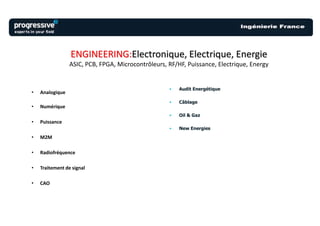 ENGINEERING:Electronique, Electrique, Energie
                 ASIC, PCB, FPGA, Microcontrôleurs, RF/HF, Puissance, Electrique, Energy


                                                    •   Audit Energétique
•   Analogique
                                                    •   Câblage
•   Numérique
                                                    •   Oil & Gaz
•   Puissance
                                                    •   New Energies
•   M2M

•   Radiofréquence

•   Traitement de signal

•   CAO
 