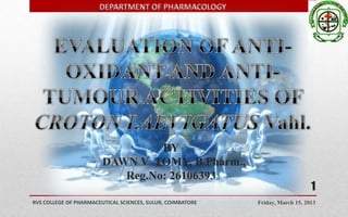 BY
                        DAWN V TOMY, B.Pharm.,
                           Reg.No: 26106393
                                                                                1
RVS COLLEGE OF PHARMACEUTICAL SCIENCES, SULUR, COIMBATORE   Friday, March 15, 2013
 