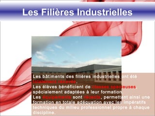 Les Filières Industrielles
Les bâtiments des filières industrielles ont été
totalement rénovés.
Les élèves bénéficient de classes spacieuses,
spécialement adaptées à leur formation.
Les équipements sont récents, permettant ainsi une
formation en totale adéquation avec les impératifs
techniques du milieu professionnel propre à chaque
discipline.
 