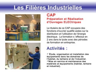 Les Filières Industrielles
CAP
Préparation et Réalisation
d’Ouvrages ELECtriques
Le titulaire de ce CAP occupera des
fonctions d’ouvrier qualifié axées sur la
distribution et l’utilisation de l’énergie
électrique. La formation s ’effectue en
2 ans dans le lycée avec des périodes
de formation en entreprise.
Activités :
 Étude, organisation et installation des
équipements dans les domaines de
l’habitat, du tertiaire et de l’industriel.
Mise en service et maintenance des
matériels et équipements (habitat, tertiaire
et industriel).
 