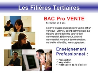 Les Filières Tertiaires
BAC Pro VENTE
Formation en 3 ans
L'élève titulaire d'un Bac pro Vente est un
vendeur (VRP ou agent commercial). Le
titulaire de ce diplôme pourra être
commercial, télévendeur, attaché
commercial, vendeur démonstrateur,
conseiller clientèle, téléprospecteur.
Enseignement
Professionnel :
 Prospection
 Négociation
 Fidélisation de la clientèle
 