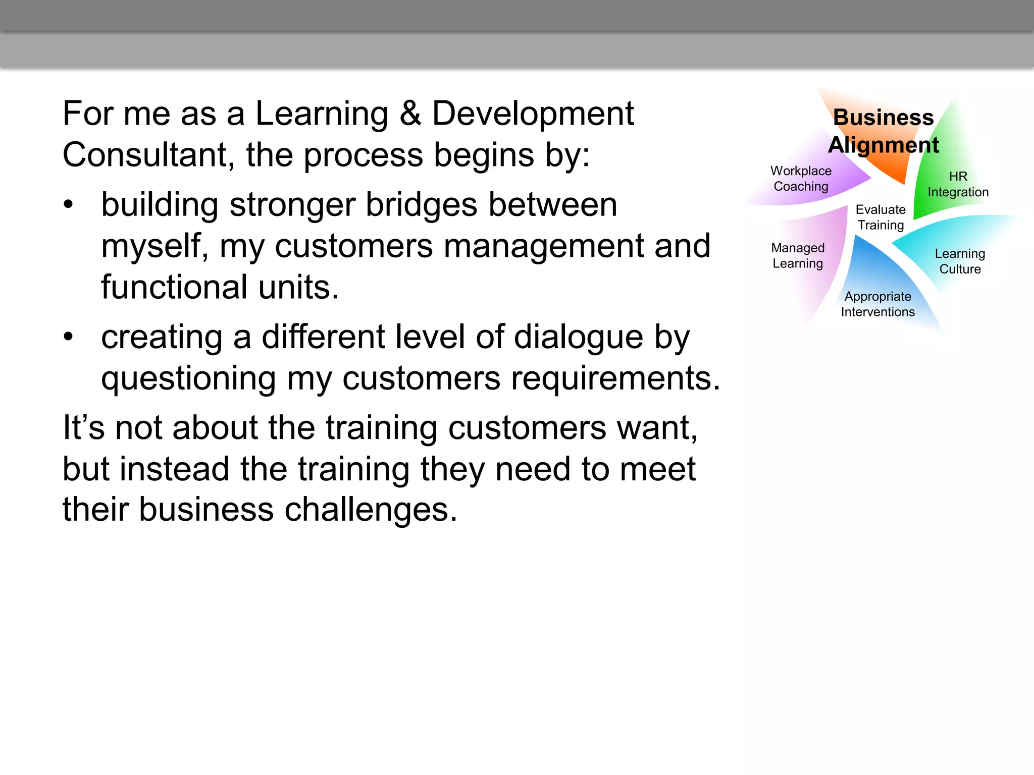 For me as a Learning & Development                       Business
                                                         Alignment
Consultant, the process begins by:            Workplace                       HR
                                              Coaching
• building stronger bridges between
                                                                          Integration
                                                            Evaluate
                                                            Training

    myself, my customers management and       Managed
                                              Learning
                                                                           Learning
                                                                            Culture
    functional units.                                      Appropriate
                                                          Interventions

• creating a different level of dialogue by
    questioning my customers requirements.
It’s not about the training customers want,
but instead the training they need to meet
their business challenges.
 