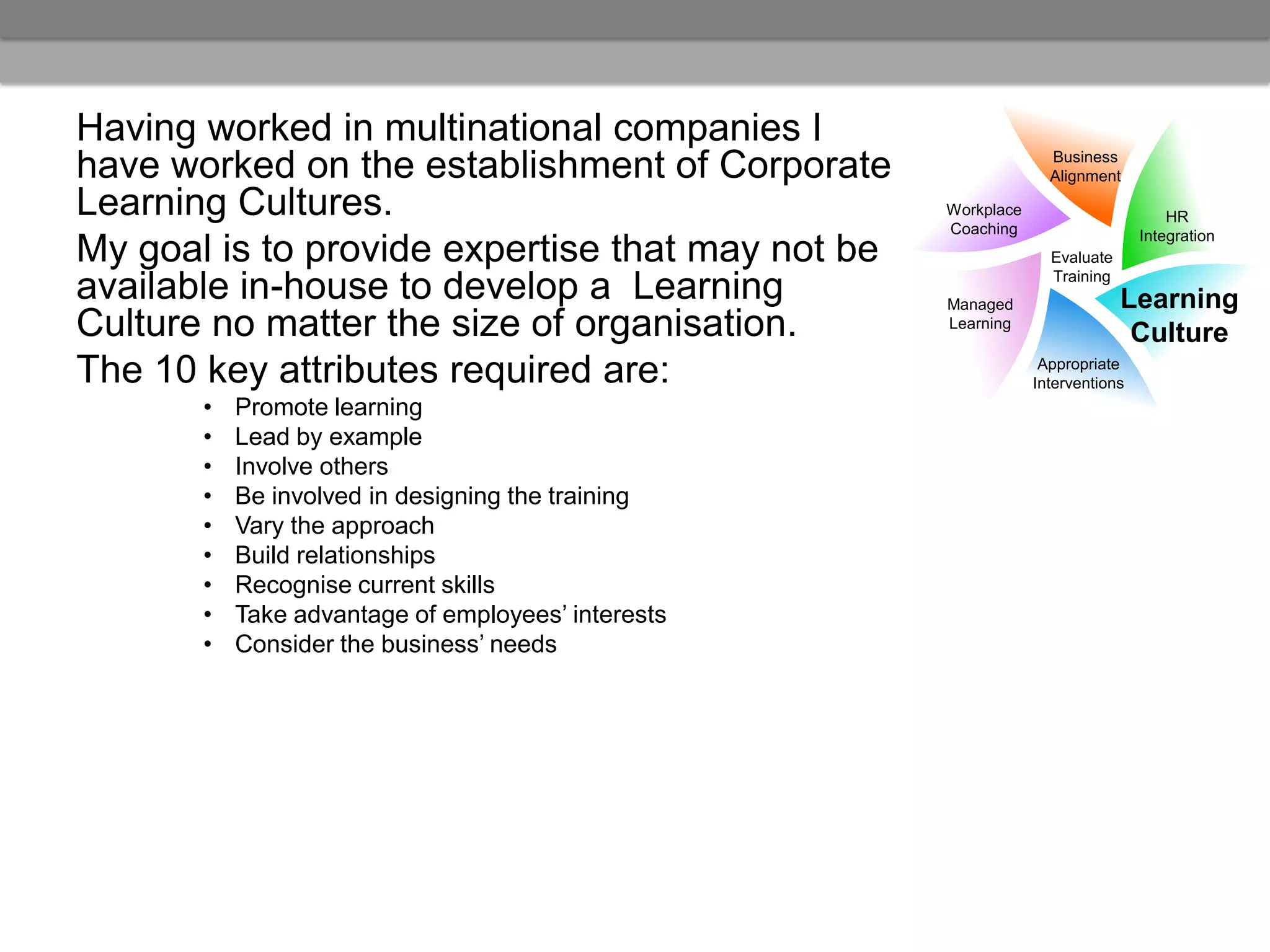 Having worked in multinational companies I
have worked on the establishment of Corporate                     Business
                                                                  Alignment

Learning Cultures.                                  Workplace
                                                    Coaching
                                                                                    HR
                                                                                Integration
My goal is to provide expertise that may not be                   Evaluate
                                                                  Training
available in-house to develop a Learning            Managed                  Learning
Culture no matter the size of organisation.         Learning
                                                                              Culture
The 10 key attributes required are:                              Appropriate
                                                                Interventions
       •   Promote learning
       •   Lead by example
       •   Involve others
       •   Be involved in designing the training
       •   Vary the approach
       •   Build relationships
       •   Recognise current skills
       •   Take advantage of employees’ interests
       •   Consider the business’ needs
 