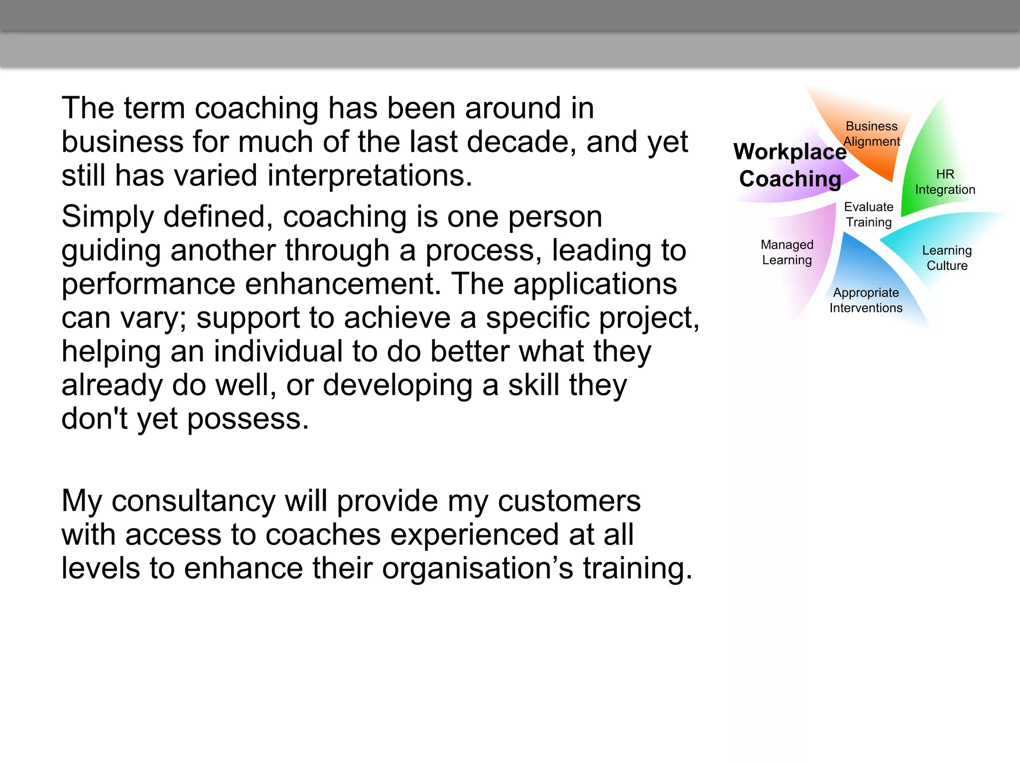 The term coaching has been around in                              Business
business for much of the last decade, and yet      Workplace
                                                                  Alignment


still has varied interpretations.                  Coaching                         HR
                                                                                Integration
                                                                  Evaluate
Simply defined, coaching is one person                            Training

guiding another through a process, leading to        Managed
                                                     Learning
                                                                                 Learning
                                                                                  Culture
performance enhancement. The applications                        Appropriate
                                                                Interventions
can vary; support to achieve a specific project,
helping an individual to do better what they
already do well, or developing a skill they
don't yet possess.

My consultancy will provide my customers
with access to coaches experienced at all
levels to enhance their organisation’s training.
 
