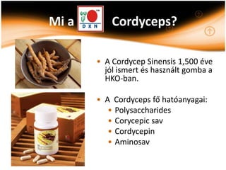 Mi a       Cordyceps?

       • A Cordycep Sinensis 1,500 éve
         jól ismert és használt gomba a
         HKO-ban.

       • A Cordyceps fő hatóanyagai:
          • Polysaccharides
          • Corycepic sav
          • Cordycepin
          • Aminosav
 