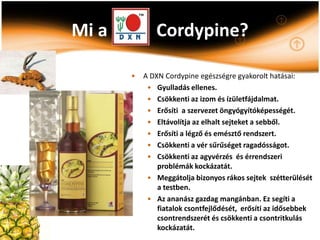Mi a          Cordypine?

       •   A DXN Cordypine egészségre gyakorolt hatásai:
            • Gyulladás ellenes.
            • Csökkenti az izom és ízületfájdalmat.
            • Erősíti a szervezet öngyógyítóképességét.
            • Eltávolítja az elhalt sejteket a sebből.
            • Erősíti a légző és emésztő rendszert.
            • Csökkenti a vér sűrűséget ragadósságot.
            • Csökkenti az agyvérzés és érrendszeri
               problémák kockázatát.
            • Meggátolja bizonyos rákos sejtek szétterülését
               a testben.
            • Az ananász gazdag mangánban. Ez segíti a
               fiatalok csontfejlődését, erősíti az idősebbek
               csontrendszerét és csökkenti a csontritkulás
               kockázatát.
 