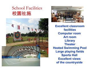 Excellent classroom
facilities
Computer room
Art room
Library
Theater
Heated Swimming Pool
Large playing fields
Sports Hall
Excellent views
of the countryside
School Facilities
У@ʩ
 