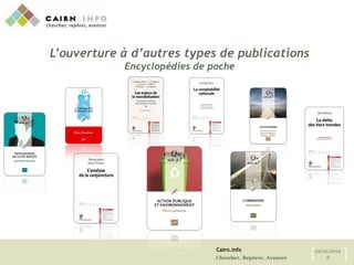 Cairn.info
Chercher, Repérer, Avancer
22/01/2013
5{ }
L’ouverture à d’autres types de publications
Encyclopédies de poche
 