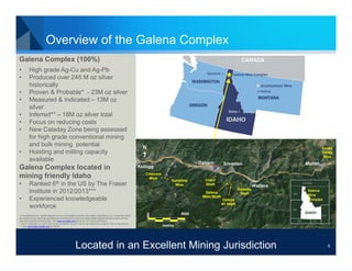Overview of the Galena Complex
Galena Complex (100%)
•
•
•
•
•
•
•

•

High grade Ag-Cu and Ag-Pb
Produced over 245 M oz silver
historically
Proven & Probable* - 23M oz silver
Measured & Indicated – 13M oz
silver
Inferred** – 18M oz silver total
Focus on reducing costs
New Caladay Zone being assessed
for high grade conventional mining
and bulk mining potential
Hoisting and milling capacity
available

Galena Complex located in
mining friendly Idaho
•
•

N

Lucky
Friday
Mine

Crescent
Mine

Ranked 6th in the US by The Fraser
Institute in 2012/2013***
Experienced knowledgeable
workforce

* Descriptions of our mineral deposits are not comparable to similar information reported by U.S. companies which
are subject to the reporting and disclosure requirements under the United States federal securities laws and the
rules and regulations thereunder. See www.us-silver.com for NI 43-101 Technical Report.
** As of December 31, 2012 14m oz Ag and March 19, 2013 4m oz Ag inferred for a total of 18m oz Ag inferred
*** See www.fraserinstitute.org for details.

Osburn

Kellogg
Sunshine
Mine

Coeur
Shaft
Galena
Main Shaft

Mullan

Silverton

Caladay
Shaft

Canada

Wallace

Galena
Mine
Complex
MT

WA

Galena
#3 Shaft
OR

0

IDAHO

5000

0

WY
NV

UT

metres

6
Located in an Excellent Mining Jurisdiction

6

 