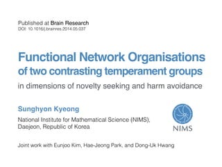 Functional Network Organisations
of two contrasting temperament groups
in dimensions of novelty seeking and harm avoidance
Sunghyon Kyeong
National Institute for Mathematical Science (NIMS),  
Daejeon, Republic of Korea
Published at Brain Research 
DOI: 10.1016/j.brainres.2014.05.037
Joint work with Eunjoo Kim, Hae-Jeong Park, and Dong-Uk Hwang
 