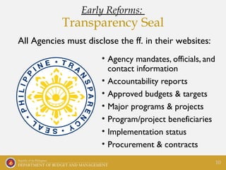 • Agency mandates, officials, and
contact information
• Accountability reports
• Approved budgets & targets
• Major progra...