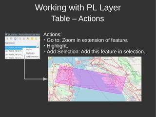 Working with PL Layer
Table – Actions
Actions:
Go to: Zoom in extension of feature.
Highlight.
Add Selection: Add this feature in selection.
 