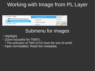 Working with Image from PL Layer
Submenu for images
Highlight.
Zoom to(useful for TMS*).
* The extension of TMS (XYZ) have the size of world!
Open form(table): Read the metadata.
 
