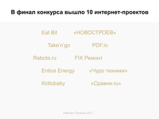 Рейтинг Рунета 2017
Eat Bit «НОВОСТРОЕВ»
Take’n’go PDF.io
Rabota.ru FIX Ремонт
Entice Energy «Чудо техники»
Kidtobaby «Сравни.ru»
В финал конкурса вышло 10 интернет-проектов
 