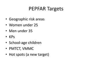 PEPFAR Targets
• Geographic risk areas
• Women under 25
• Men under 35
• KPs
• School-age children
• PMTCT, VMMC
• Hot spots (a new target)
 