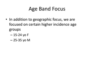 Age Band Focus
• In addition to geographic focus, we are
focused on certain higher incidence age
groups
– 15-24 yo F
– 25-35 yo M
 
