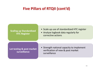 Five Pillars of RTQII (cont’d)
• Scale up use of standardized HTC register
• Analyze logbook data regularly for
corrective actions
Scaling up Standardized
HTC Register
• Strength national capacity to implement
verification of new & post market
surveillance
Lot testing & post market
surveillance
40
 