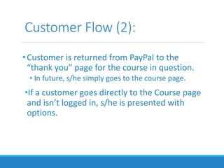 Customer Flow (2):
•Customer is returned from PayPal to the
“thank you” page for the course in question.
• In future, s/he simply goes to the course page.
•If a customer goes directly to the Course page
and isn’t logged in, s/he is presented with
options.
 