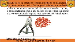 • REKERE.Ke se sebelisoa se fasang methapo ea makoeleta ,’
me rekere e emisa mali a fetalang makoeleteng a phoofolo,ha
mali a se a eme nakoana ea beke le matsatsi a mabeli methap
o le makoeleta lia omella ebe liashoa mona sehoai sa phoofol
o e joalo seka khaola kapa sa roba sehoapa seo sa makoeleta.
Setšoantšo ka Amazon.com
 