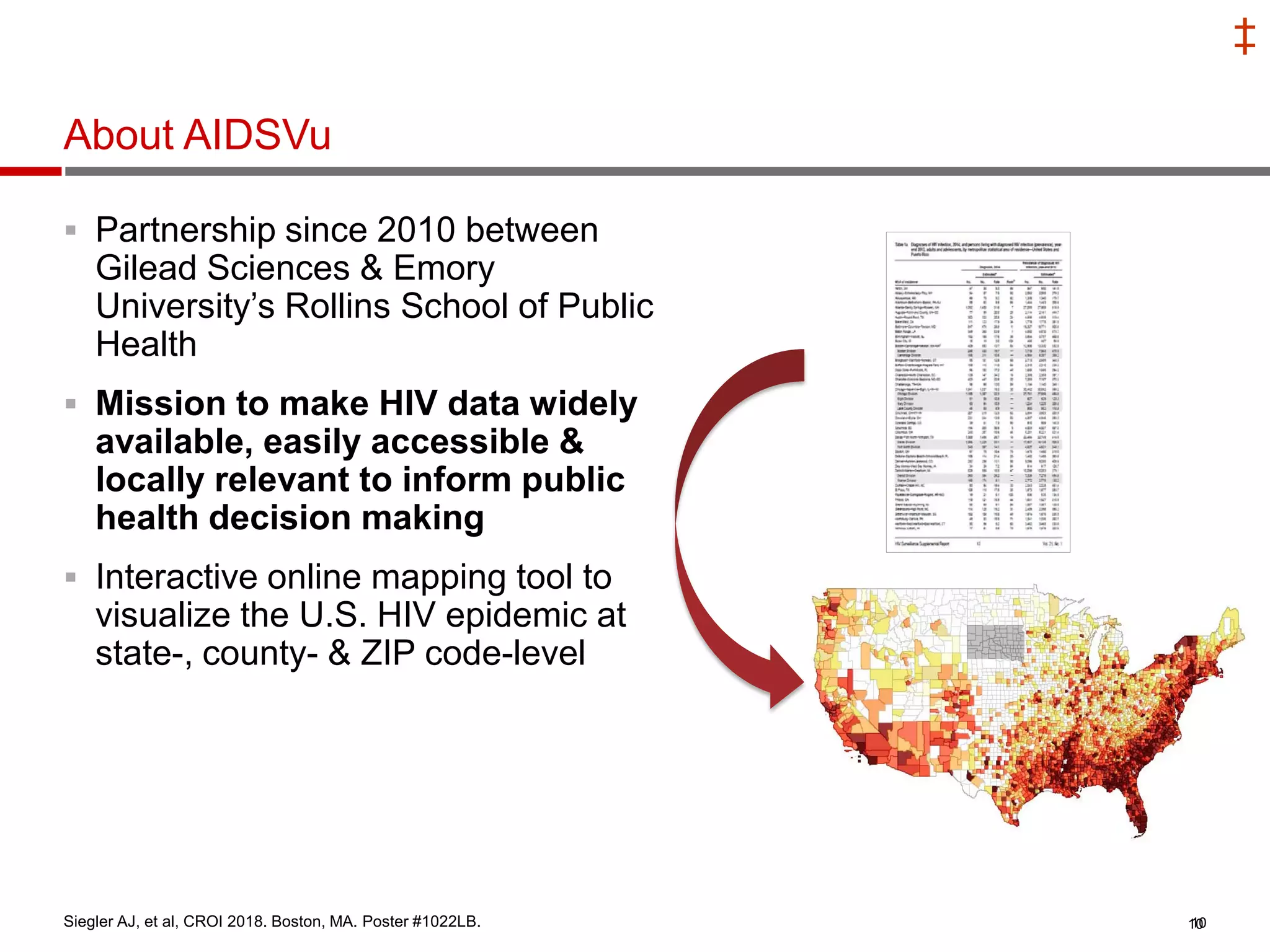 ‡
10
About AIDSVu
Siegler AJ, et al, CROI 2018. Boston, MA. Poster #1022LB.
 Partnership since 2010 between
Gilead Sciences & Emory
University’s Rollins School of Public
Health
 Mission to make HIV data widely
available, easily accessible &
locally relevant to inform public
health decision making
 Interactive online mapping tool to
visualize the U.S. HIV epidemic at
state-, county- & ZIP code-level
10
 