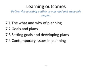 7–9
Learning outcomes
Follow this learning outline as you read and study this
chapter.
7.1 The what and why of planning
7.2 Goals and plans
7.3 Setting goals and developing plans
7.4 Contemporary issues in planning
 