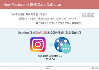Page 57Copyright © by CYRAM. All rights reserved
New Feature of SNS Data Collector
NetMiner 에서 인스타그램도 수집하여 분석할 수 있습니다
- 2017.07.10 한국일보
- 2019.01.09 플래텀
- 2017.04.27 한국일보
SNS Data Collector 3.0
2019.04
 