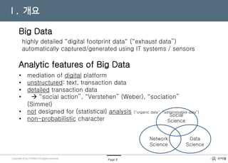 NetMiner를 이용한
소셜 네트워크 분석
Page 8Copyright © by CYRAM. All rights reservedCopyright © by CYRAM. All rights reserved
Ⅰ. 개요
Social
Science
Network
Science
Data
Science
Big Data
highly detailed “digital footprint data“ (“exhaust data”)
automatically captured/generated using IT systems / sensors
• mediation of digital platform
• unstructured: text, transaction data
• detailed transaction data
•  “social action”, “Verstehen” (Weber), “sociation”
(Simmel)
• not designed for (statistical) analysis (“organic data”, ”administrative data”)
• non-probabilistic character
Analytic features of Big Data
 