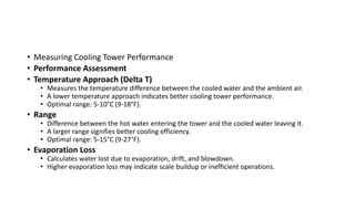 • Measuring Cooling Tower Performance
• Performance Assessment
• Temperature Approach (Delta T)
• Measures the temperature difference between the cooled water and the ambient air.
• A lower temperature approach indicates better cooling tower performance.
• Optimal range: 5-10°C (9-18°F).
• Range
• Difference between the hot water entering the tower and the cooled water leaving it.
• A larger range signifies better cooling efficiency.
• Optimal range: 5-15°C (9-27°F).
• Evaporation Loss
• Calculates water lost due to evaporation, drift, and blowdown.
• Higher evaporation loss may indicate scale buildup or inefficient operations.
 