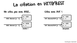 La création en HTTP/REST
Ne créez pas avec POST... Créez avec PUT !
id : 1234
a : 1
POST /element {a : 1}
id : 5678
a : 1
POST /element {a : 1}
doublon !
id : 1234
a : 1
PUT /element/1234 {a : 1}
id : 1234
a : 1
PUT /element/1234 {a : 1}
idempotent
Christophe Quintard
 