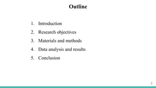Outline
1. Introduction
2. Research objectives
3. Materials and methods
4. Data analysis and results
5. Conclusion
2
 
