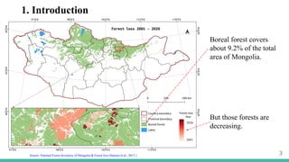 1. Introduction
3
Source: National Forest Inventory of Mongolia & Forest loss (Hansen et al., 2013 )
Boreal forest covers
about 9.2% of the total
area of Mongolia.
But those forests are
decreasing.
2020
2001
 