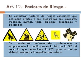 Art. 12.- Factores de Riesgo.-
 Se consideran factores de riesgos específicos que
ocasionan efectos a los asegurados, los siguientes:
mecánico, químico, físico, biológico, ergonómico y
psicosocial.
 Se considerarán enfermedades profesionales u
ocupacionales las publicadas en la lista de la OIT, así
como las que determinare la CVI, para lo cual se
deberá comprobar la relación causa-efecto
 