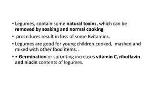 • Legumes, contain some natural toxins, which can be
removed by soaking and normal cooking
• procedures result in loss of some Bvitamins.
• Legumes are good for young children.cooked, mashed and
mixed with other food items. .
• • Germination or sprouting increases vitamin C, riboflavin
and niacin contents of legumes.
 