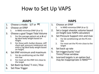 How to Set Up VAPS 
AVAPS 
1. Choose a mode: S/T or 
2. Choose an EPAP 
1. In NMD minimize EPAP (4 or 5) 
3. Choose a goal Target Tidal Volume 
1. For the average patient set at 8 cc/ 
kg ideal body weight based on 
height. 
2. For those with: bulbar disease, stiff 
chest wall, pressure intolerance set 
at 6 cc/ kg ideal body weight based 
on height. 
4. Set IPAP minimum and maximum 
1. For de-conditioning set the IPAP 
min low 
2. For most set the IPAP min close to 
the target 
5. Set Back Up Rate/ Ti min / Rise 
6. Set Flow Trigger 
IVAPS 
1. Choose an EPAP 
1. In NMD minimize EPAP (4 or 5) 
2. Set a target alveolar volume based 
on height (see IVAPS calculator) 
3. Set Pressure Support min and max 
1. For de-conditioning set the PS min 
low 
2. For most set the PS min close to the 
target 
4. Set back up rate 
5. Set trigger/cycle/ rise/ 
Timin/Timax window 
6. Learned targets is an option but 
may be inappropriate in NMD*** 
PC 
 