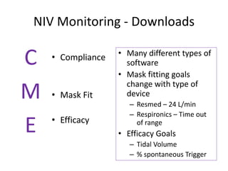 NIV Monitoring - Downloads 
• Compliance 
• Mask Fit 
• Efficacy 
• Many different types of 
software 
• Mask fitting goals 
change with type of 
device 
– Resmed – 24 L/min 
– Respironics – Time out 
of range 
• Efficacy Goals 
– Tidal Volume 
– % spontaneous Trigger 
C 
M 
E 
 
