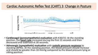 Cardiac Autonomic Reflex Test (CART) 3: Change in Posture
• Cardiovagal (parasympathetic) evaluation with K30/15: At the standing
position, the heart rate increased during the first 15 seconds and then
decreased and stabilized at 30 seconds.
• Adrenergic (sympathetic) evaluation with systolic pressure response to
standing (BPRS). At the standing position, the blood pressure should increase
and should be greater than 10 mmHg compared to the blood pressure lying or
sitting position.
 