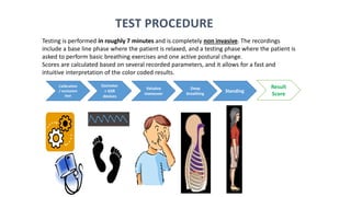TEST PROCEDURE
Testing is performed in roughly 7 minutes and is completely non invasive. The recordings
include a base line phase where the patient is relaxed, and a testing phase where the patient is
asked to perform basic breathing exercises and one active postural change.
Scores are calculated based on several recorded parameters, and it allows for a fast and
intuitive interpretation of the color coded results.
Calibration
/ occlusion
test
Oximeter
+ GSR
devices
Valsalva
maneuver
Deep
breathing
Standing
Result
Score
 