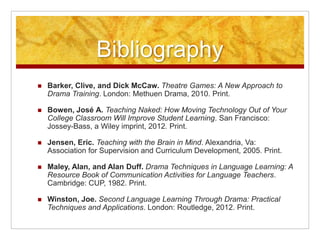 Bibliography
 Barker, Clive, and Dick McCaw. Theatre Games: A New Approach to
Drama Training. London: Methuen Drama, 2010. Print.
 Bowen, José A. Teaching Naked: How Moving Technology Out of Your
College Classroom Will Improve Student Learning. San Francisco:
Jossey-Bass, a Wiley imprint, 2012. Print.
 Jensen, Eric. Teaching with the Brain in Mind. Alexandria, Va:
Association for Supervision and Curriculum Development, 2005. Print.
 Maley, Alan, and Alan Duff. Drama Techniques in Language Learning: A
Resource Book of Communication Activities for Language Teachers.
Cambridge: CUP, 1982. Print.
 Winston, Joe. Second Language Learning Through Drama: Practical
Techniques and Applications. London: Routledge, 2012. Print.
 