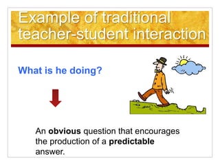 Example of traditional
teacher-student interaction
What is he doing?
An obvious question that encourages
the production of a predictable
answer.
 