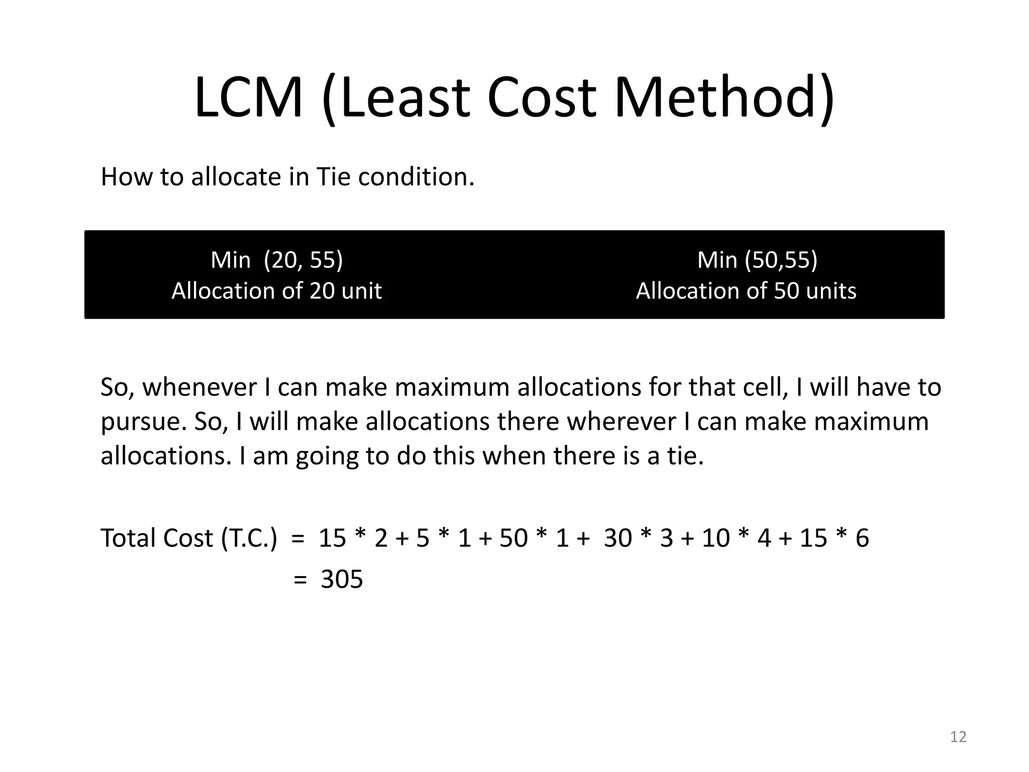 LCM (Least Cost Method)
How to allocate in Tie condition.
So, whenever I can make maximum allocations for that cell, I will have to
pursue. So, I will make allocations there wherever I can make maximum
allocations. I am going to do this when there is a tie.
Total Cost (T.C.) = 15 * 2 + 5 * 1 + 50 * 1 + 30 * 3 + 10 * 4 + 15 * 6
= 305
12
Min (20, 55) Min (50,55)
Allocation of 20 unit Allocation of 50 units
 