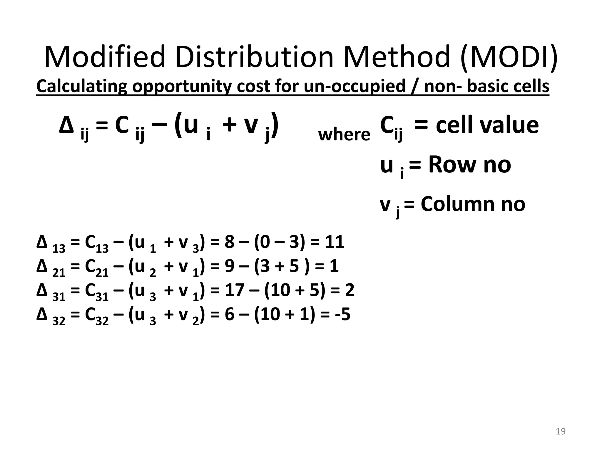 Modified Distribution Method (MODI)
Calculating opportunity cost for un-occupied / non- basic cells
∆ ij = C ij – (u i + v j) where Cij = cell value
u i = Row no
v j = Column no
19
∆ 13 = C13 – (u 1 + v 3) = 8 – (0 – 3) = 11
∆ 21 = C21 – (u 2 + v 1) = 9 – (3 + 5 ) = 1
∆ 31 = C31 – (u 3 + v 1) = 17 – (10 + 5) = 2
∆ 32 = C32 – (u 3 + v 2) = 6 – (10 + 1) = -5
 