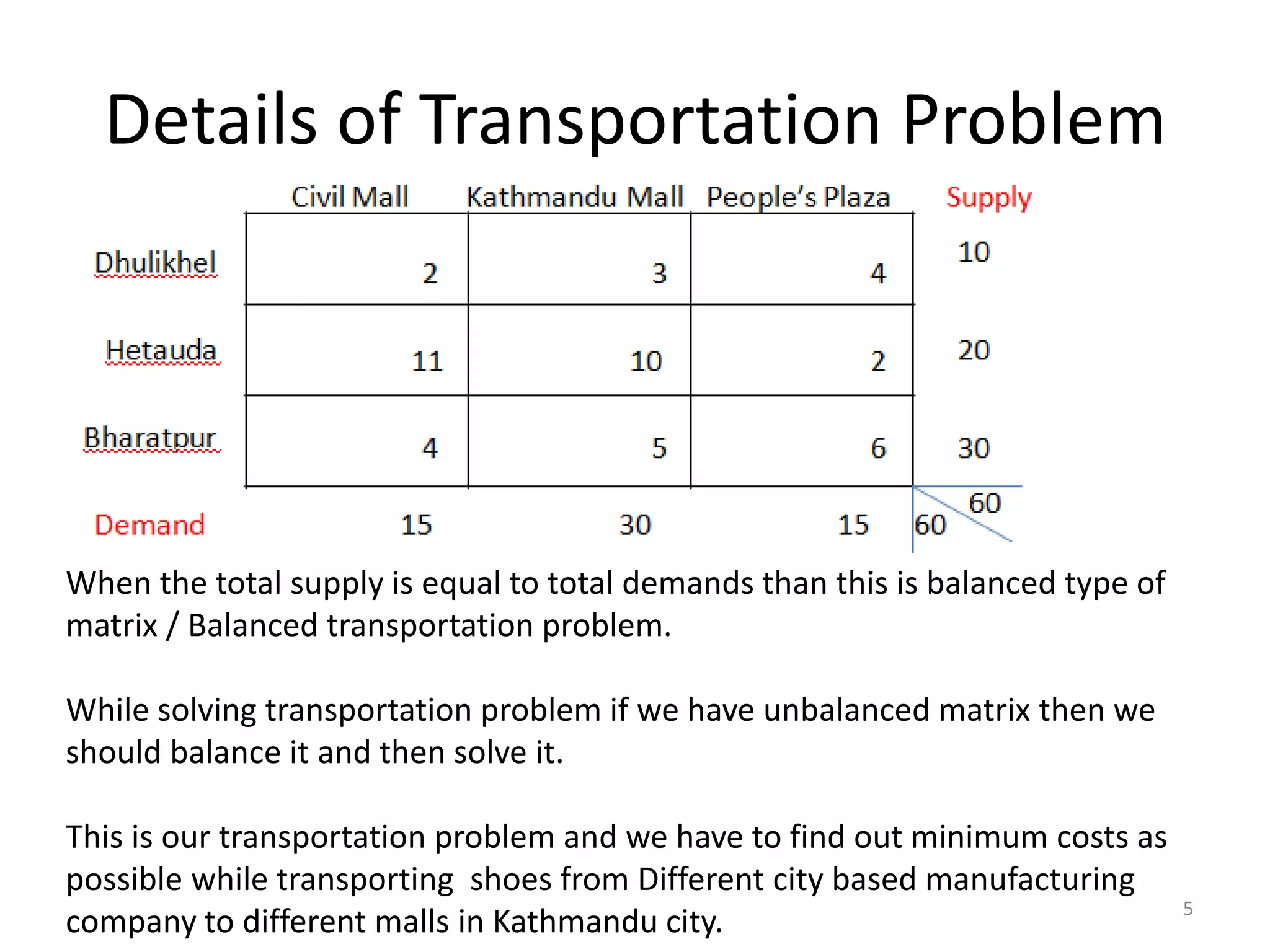 Details of Transportation Problem
5
When the total supply is equal to total demands than this is balanced type of
matrix / Balanced transportation problem.
While solving transportation problem if we have unbalanced matrix then we
should balance it and then solve it.
This is our transportation problem and we have to find out minimum costs as
possible while transporting shoes from Different city based manufacturing
company to different malls in Kathmandu city.
 