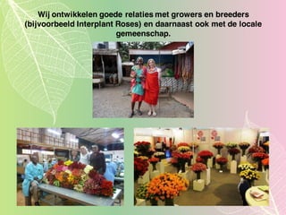 Wij ontwikkelen goede relaties met growers en breeders
(bijvoorbeeld Interplant Roses) en daarnaast ook met de locale
gemeenschap.
 