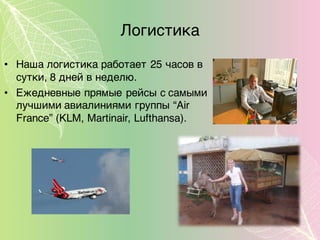 Логистика
• Наша логистика работает 25 часов в
сутки, 8 дней в неделю.
• Ежедневные прямые рейсы с самыми
лучшими авиалиниями группы “Air
France” (KLM, Martinair, Lufthansa).
 
