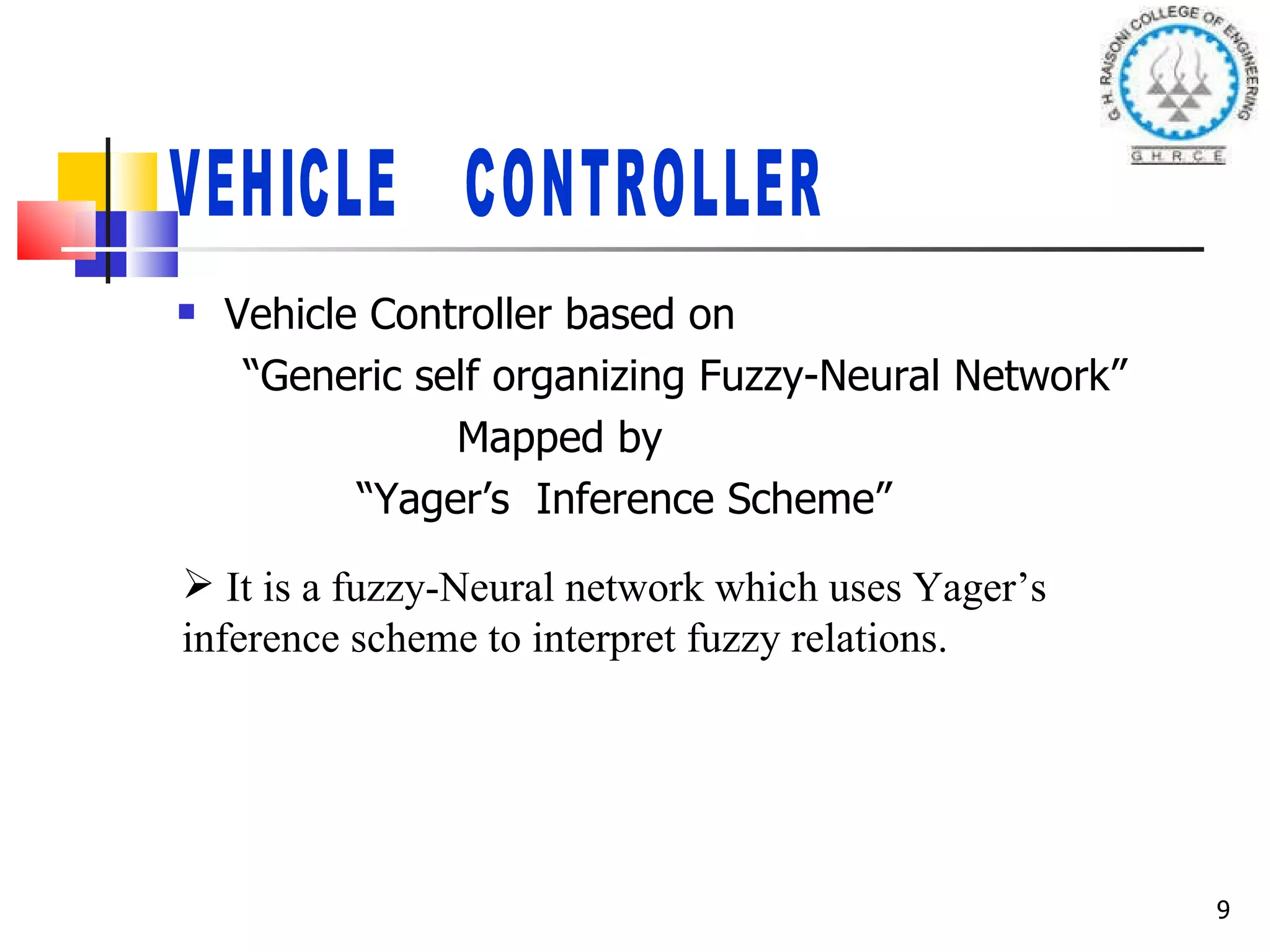 Vehicle Controller based on  “ Generic self organizing Fuzzy-Neural Network” Mapped by   “ Yager’s  Inference Scheme”  VEHICLE  CONTROLLER It is a fuzzy-Neural network which uses Yager’s inference scheme to interpret fuzzy relations. 