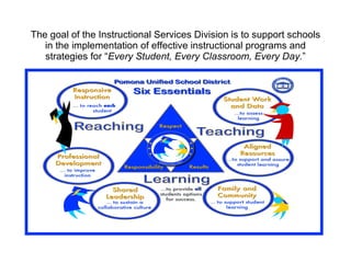 The goal of the Instructional Services Division is to support schools in the implementation of effective instructional programs and strategies for “ Every Student, Every Classroom, Every Day. ” 