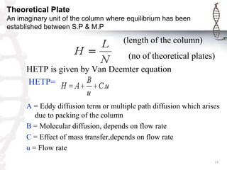 Theoretical Plate
An imaginary unit of the column where equilibrium has been
established between S.P & M.P

                                     (length of the column)
                                       (no of theoretical plates)
      HETP is given by Van Deemter equation
      HETP=

      A = Eddy diffusion term or multiple path diffusion which arises
         due to packing of the column
      B = Molecular diffusion, depends on flow rate
      C = Effect of mass transfer,depends on flow rate
      u = Flow rate
                                                                   19
 