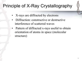 Principle of X-Ray Crystallography
    • X-rays are diffracted by electrons
    • Diffraction: constructive or destructive
      interference of scattered waves
    • Pattern of diffracted x-rays useful to obtain
      orientation of atoms in space (molecular
      structure)




                                                      30
 